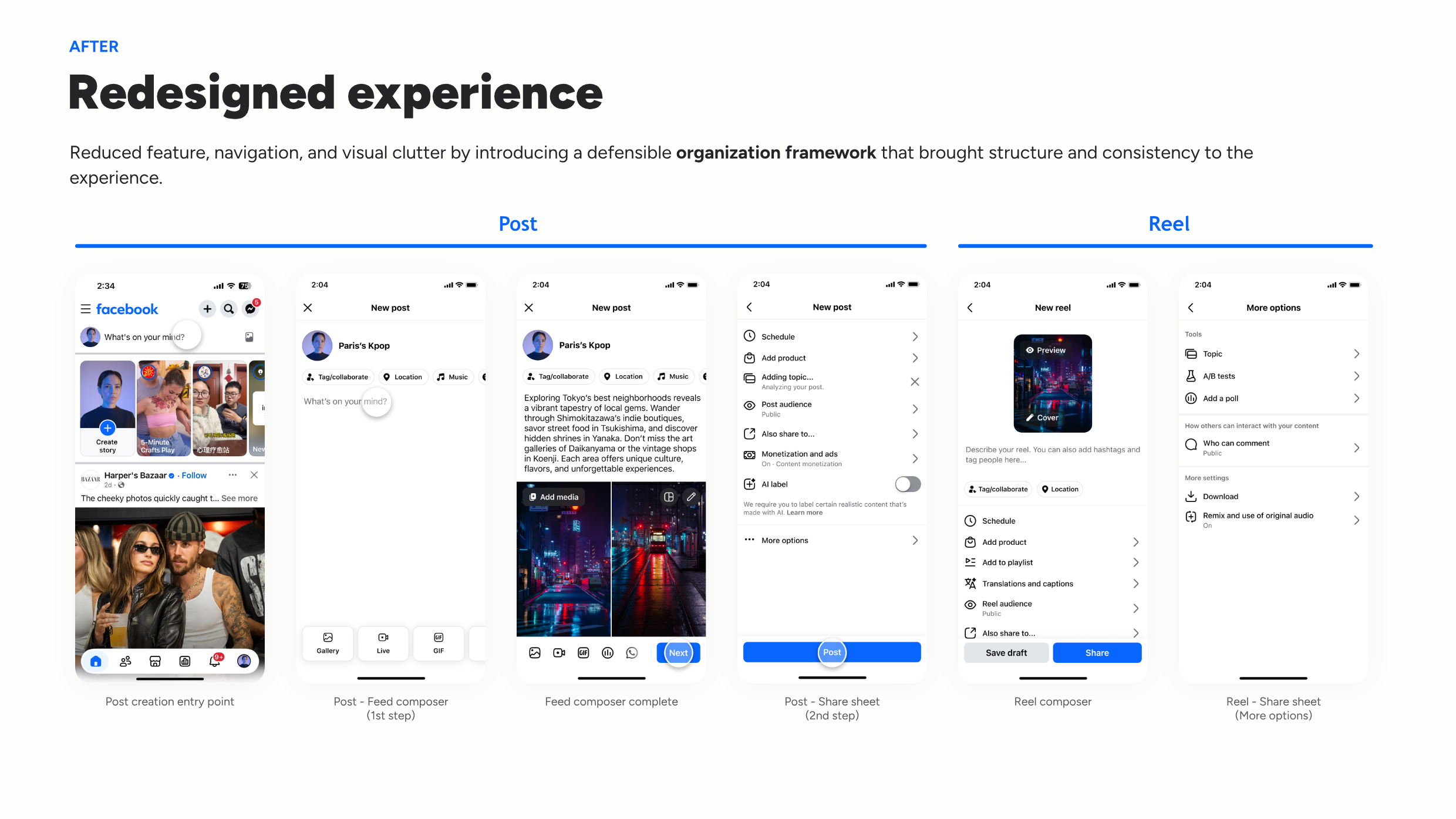 Redesigned Post and Reel creation and publishing flow with a more organized feed composer and share sheets