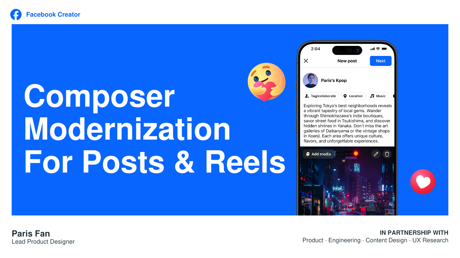 Composer Modernization case study cover showing Facebook post and Reel creation surfaces