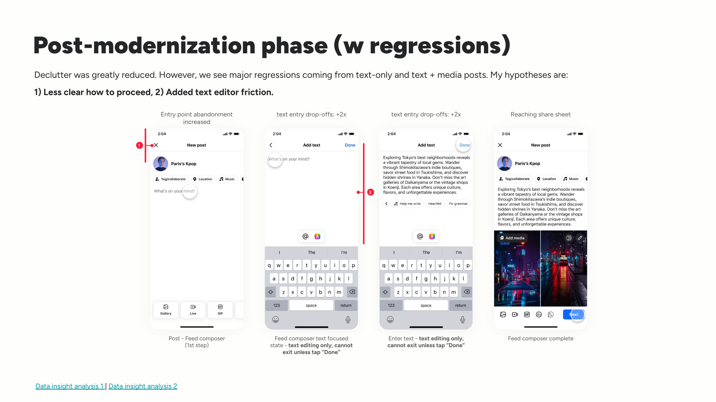 Post-modernization flow showing entry point abandonment, text entry drop-offs, and fewer published sessions